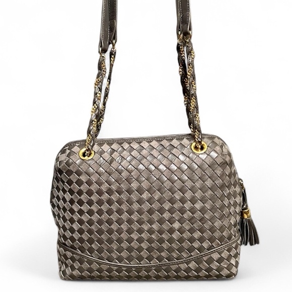 Bally Gray Woven Leather & Suede Vintage Intrecciato Double Strap Shoulder Bag - Picture 2 of 14